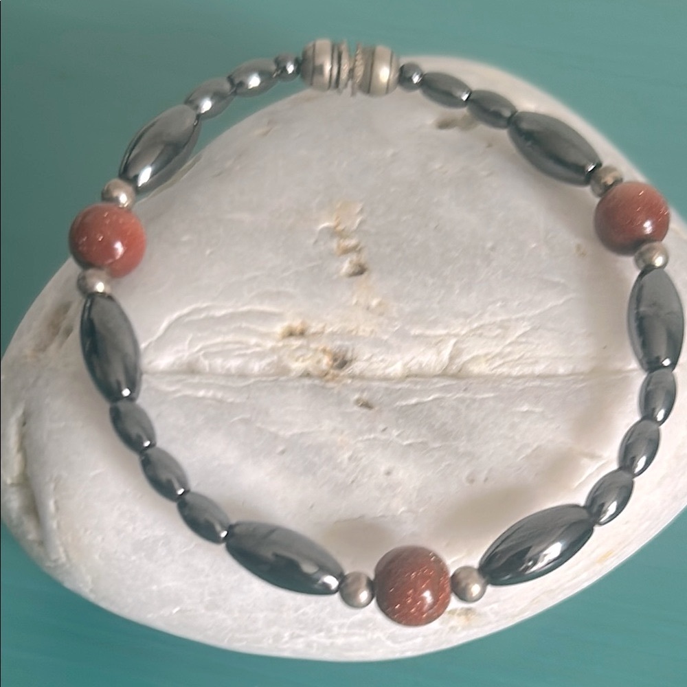 Handcrafted Goldstone and Hematite  Beaded Bracelet with Silver Tone Accents